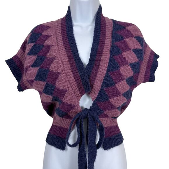 Bennetton Sweater Womens Large Purple Violet Cardigan Argyle Mohair Academia - Picture 2 of 8